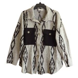 SKULL HOUSE Super Soft Knit BUTTON-UP SHIRT TOP Shacket Oversize GRAY/BLACK sz S